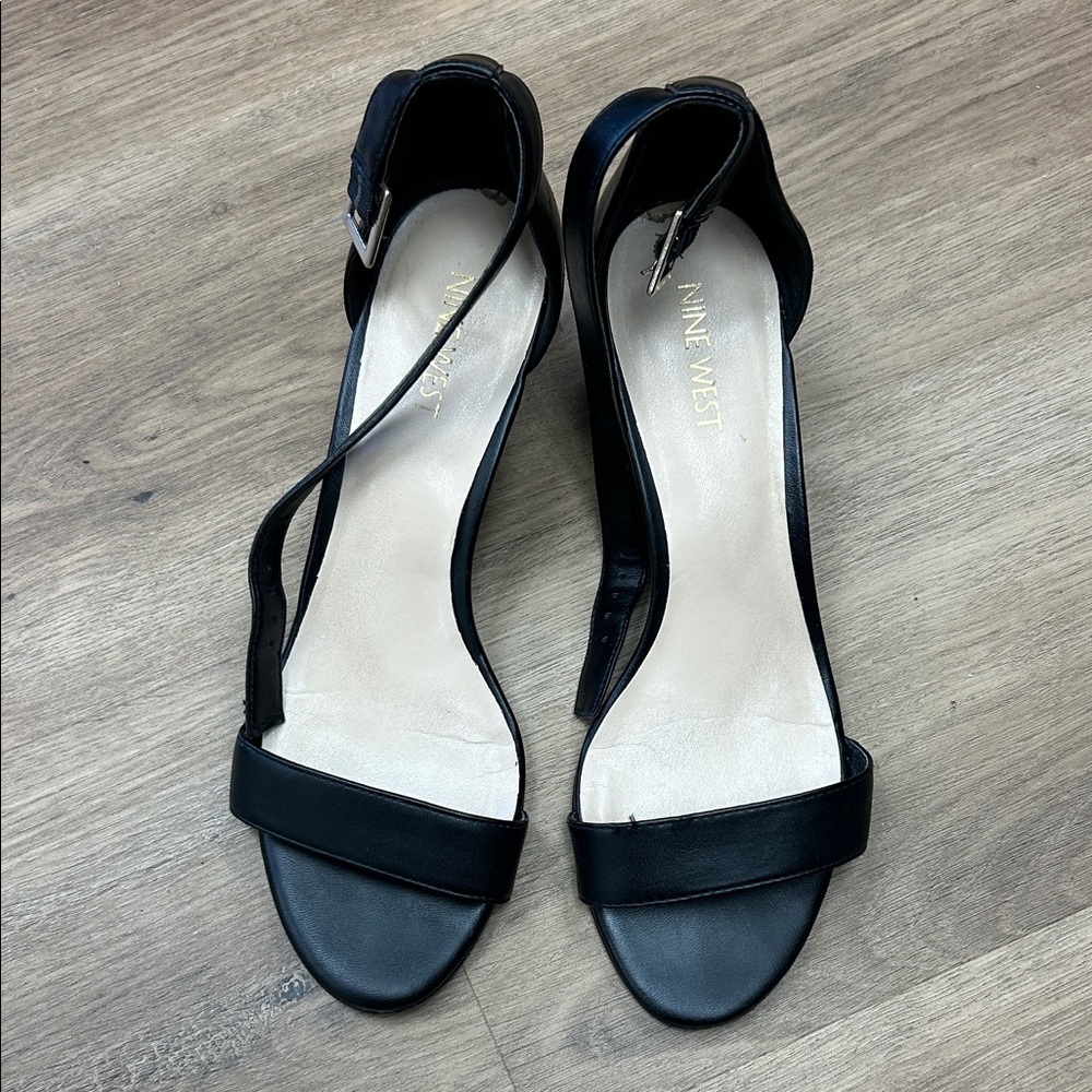 Nine West Black Leather Open-Toe Ankle-Strap Low  Wedge Heels US 7.5